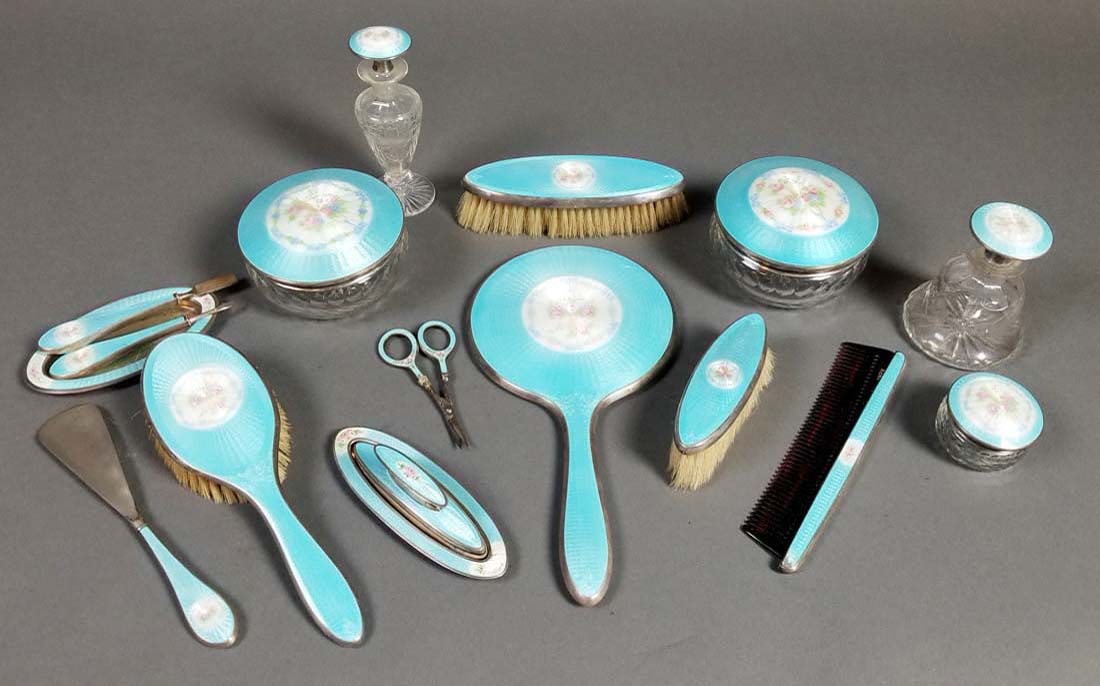 A Late 19th C. 17 Pc. Enamel and Sterling Silver Vanity (1 of 6)
