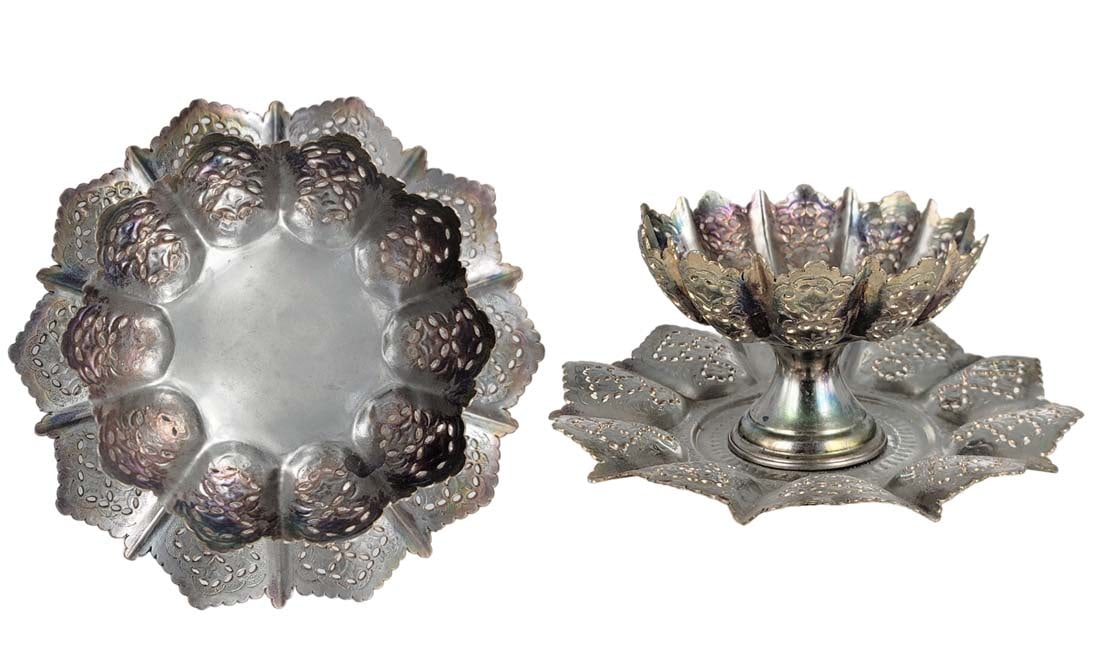 2 pieces, Orientalist Silver plated tray and centerpiece: 2 pieces, Orientalist Silver plated tray and centerpiece. Tray: D 8 1/2" \ Centerpiece: H 4" x W 5 1/2"