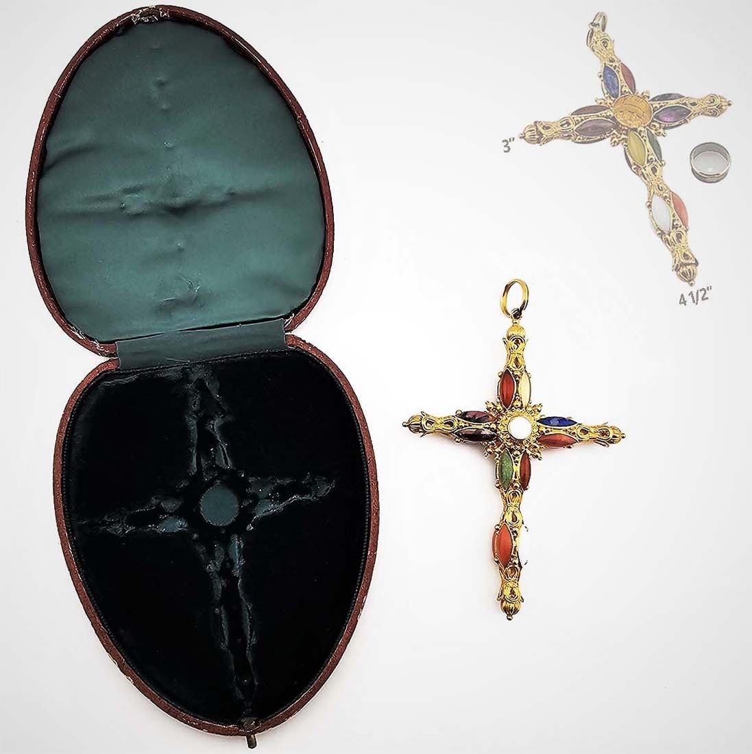 18k Gold Vintage Cross with Multicolor Semiprecious Gemstones: 18k Gold Vintage Cross with Multicolor Semiprecious Gemstones. Box: H 7/8" x W 3" x L 4 1/2" \ Cross: 3" x 4 1/2"