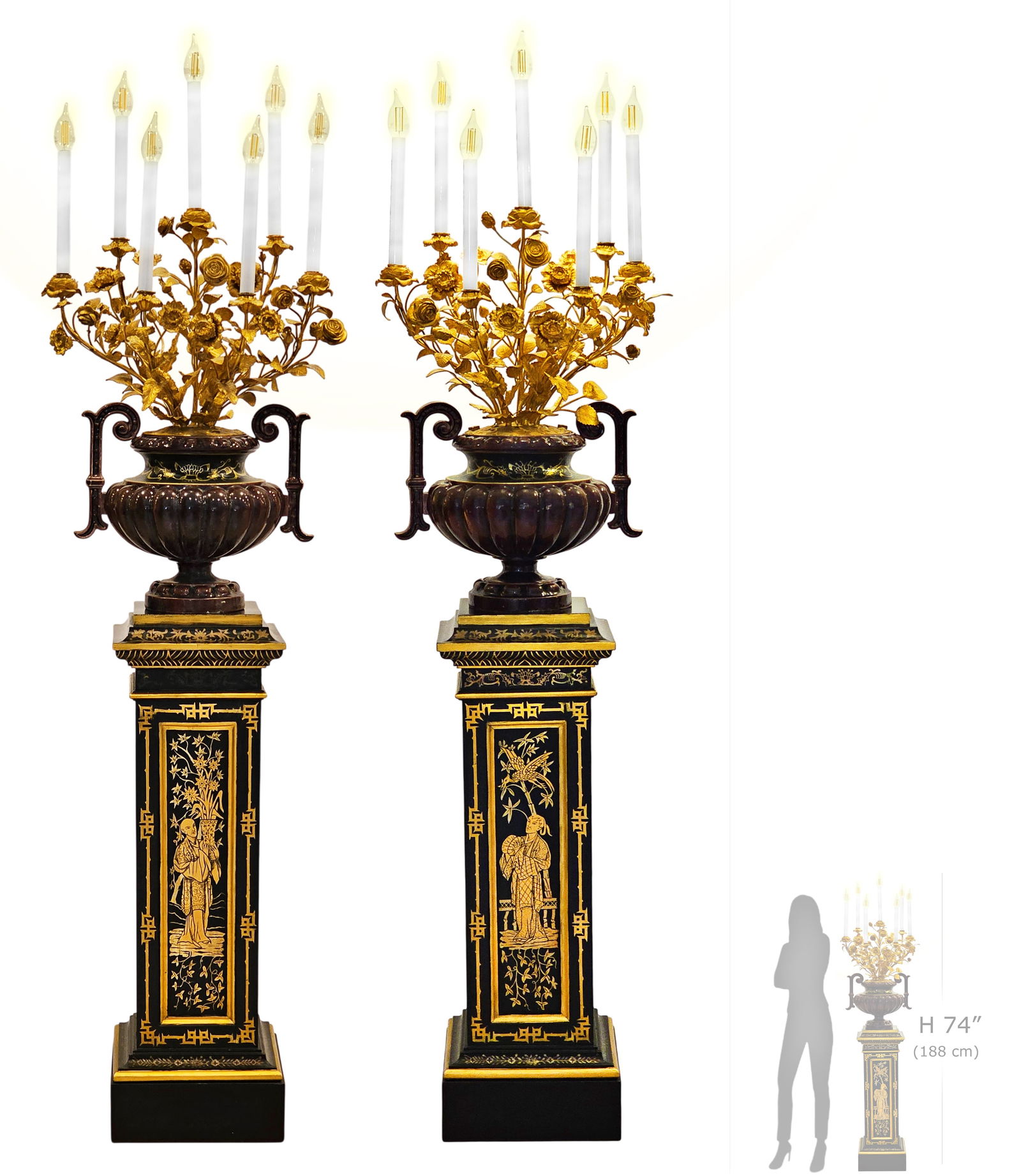 Pair Of Late 19th C. French Enameled Gilt Bronze Candelabra Painted Pedestals For Chinese Market: Pair Of Late 19th C. French Enameled Gilt Bronze Candelabra Painted Pedestals For Chinese Market. H 74" x W 13" x L 19"