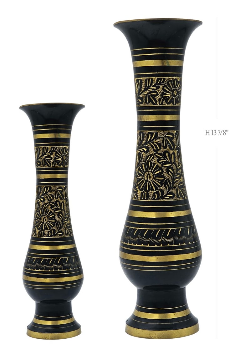 Pair Of Vintage Black & Gold Hand Carved Brass Floral Vases: Pair Of Vintage Black & Gold Hand Carved Brass Floral Vases. Small Vase: H 10" x W 3" \ Large: H 13 7/8" x L 3 1/2"