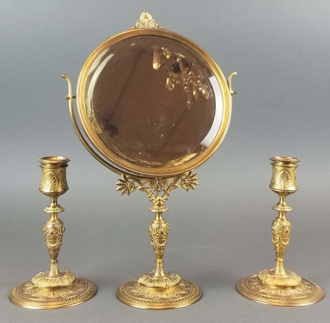 F. Barbedienne 3 Pc. Bronze Vanity Set: F. Barbedienne 3 Pc. Bronze Vanity Set. The mirror measures H: 13 3/4" W: 8 1/2" and the candlesticks measure H: 6 1/4" W: 4"