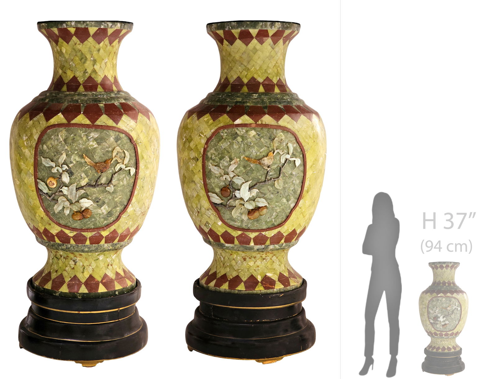 Large Palatial Chinese Hardstone Veneered Vases: Large Palatial Chinese Hardstone Veneered Vases. H 37" x W 17"