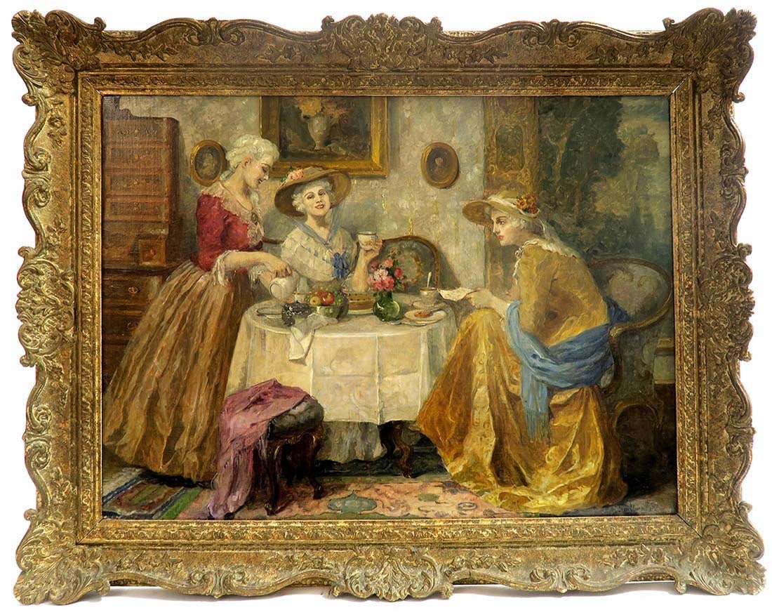 Magnificent Oil on Canvas S. Von Trautweiller: Magnificent Oil on Canvas S. Von Trautweiller. Stefanie von Trautweiller (b.1898) Austrian, "Afternoon Tea". The frame measures 38" x 30" and the painting measures 31" x 23"