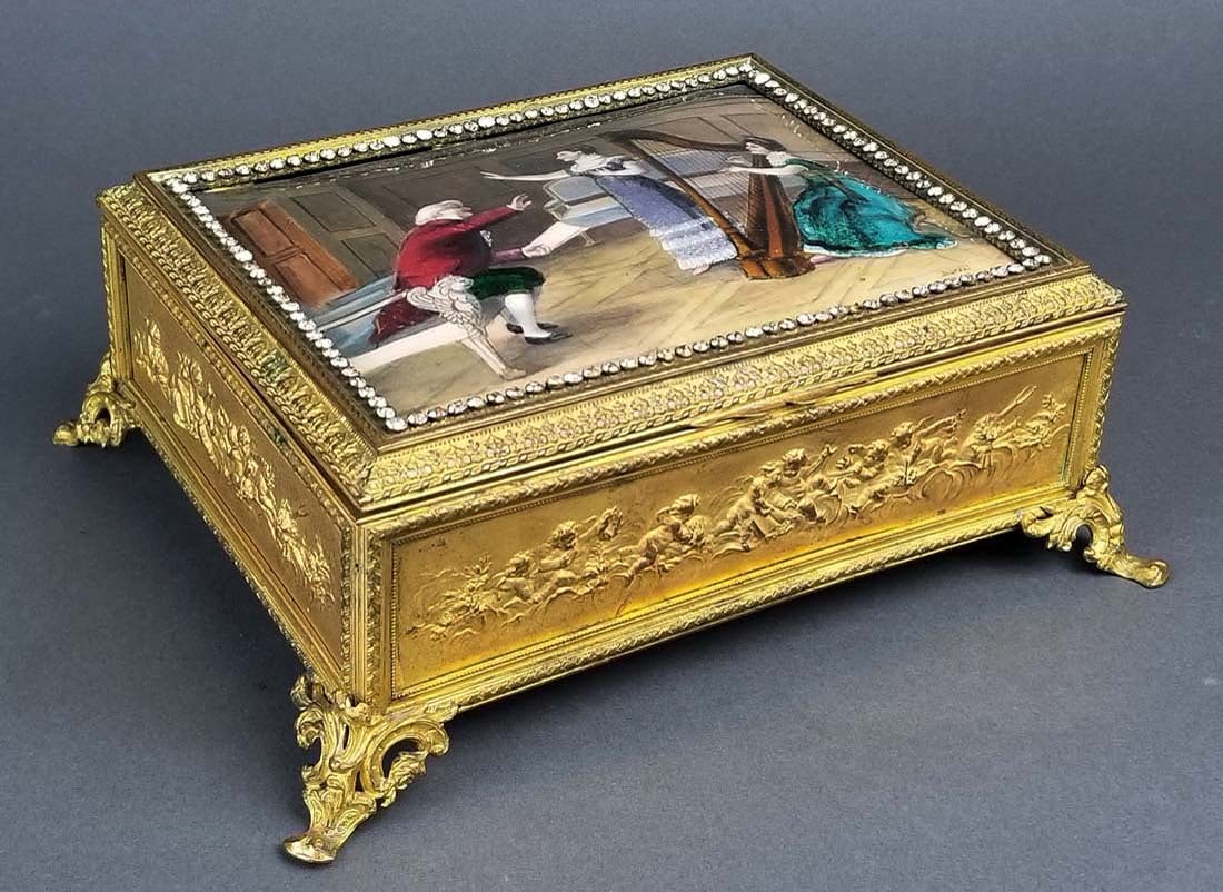 Fine French Large Enamel on Copper Jewelled Jewelry: Fine French Large Enamel on Copper Jewelled Jewelry Box, 19th C. Measures H: 3 1/4" W: 8 3/4"