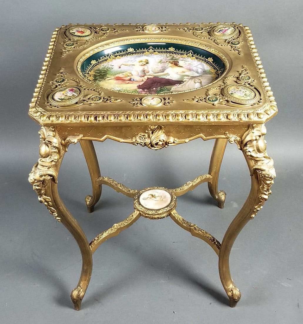 19th C. Royal Vienna Porcelain Inset Porcelain Plaques: 19th C. Royal Vienna Porcelain Inset Porcelain Plaques and Wood Table. Measures 29 3/4" x 19 1/2" x 23 1/4"
