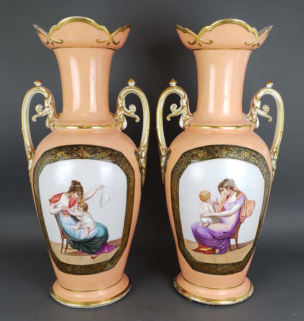 Pair of 19th C. French Large Porcelain Vases: Pair of 19th C. French Large Porcelain Vases. They measure H: 22 3/4" W: 11"
