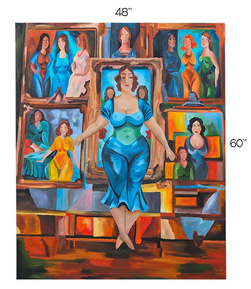 'Iconic Identities' Oil On Canvas Painting: 'Iconic Identities' Oil On Canvas Painting. 48" x 60" Signed by Ellie Shafiei (Iranian- American. b 1987). MFA Candidate, New York Academy of Art, Class of 2026. Ellie Shafiei is a multimedia artist,