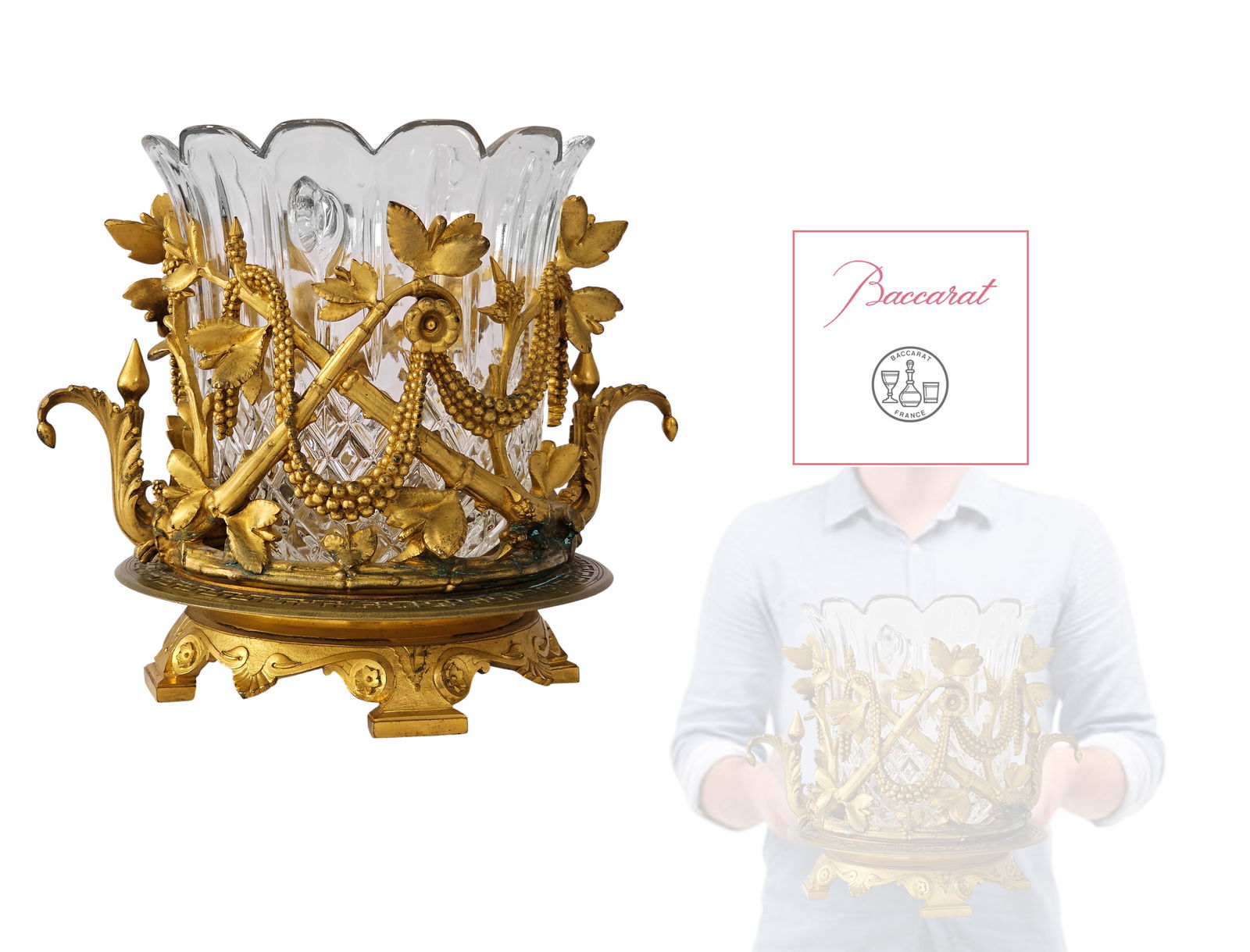 19th C. French Ormolu Bronze Mounted Baccarat Crystal Centerpiece: 19th C. French Ormolu Bronze Mounted Baccarat Crystal Centerpiece. H 8 1/2" x W 7" x L 10"