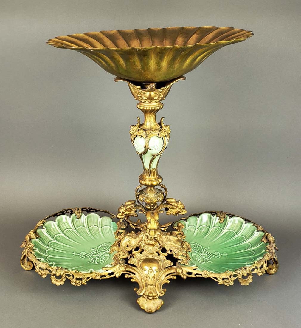 Large Dirk Van Erp Bronze & Porcelain Centerpiece: Large Dirk Van Erp Bronze & Porcelain Centerpiece. Measures H: 22 3/4" W: 25"