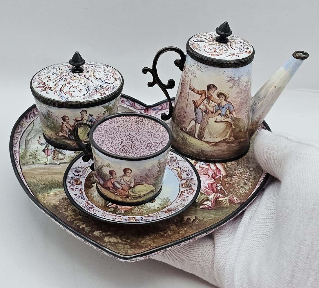 19th C. Viennese Enamel On Silver (~366g) Tea Set - 2