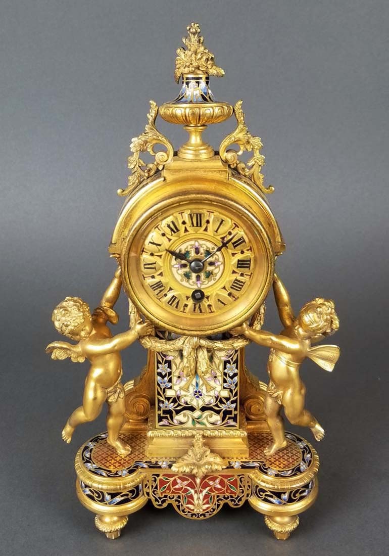 Exceptional French Champleve Enamel Figural Clockset - 2