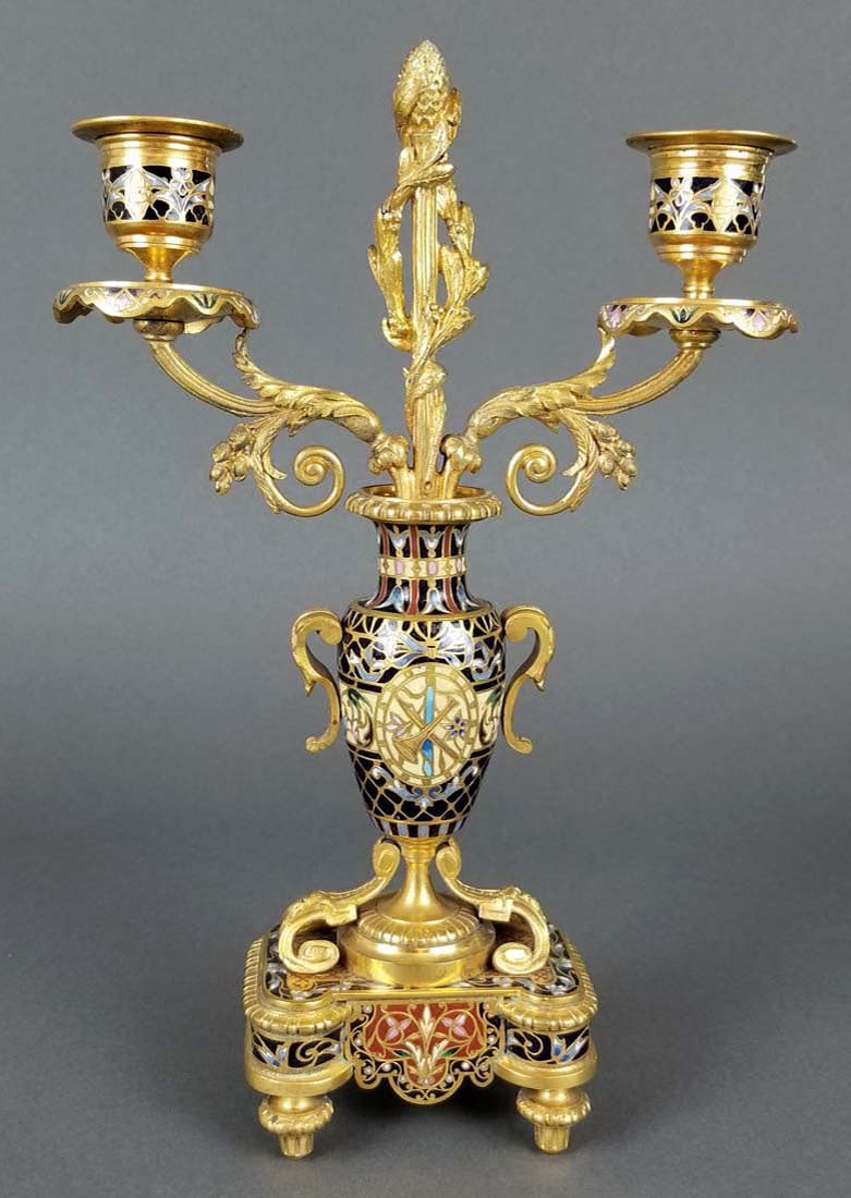 Exceptional French Champleve Enamel Figural Clockset - 7