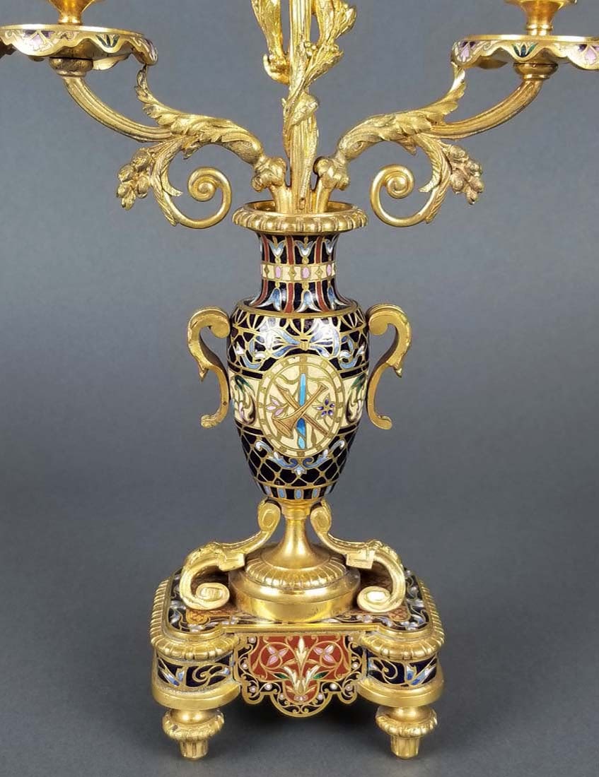 Exceptional French Champleve Enamel Figural Clockset - 8