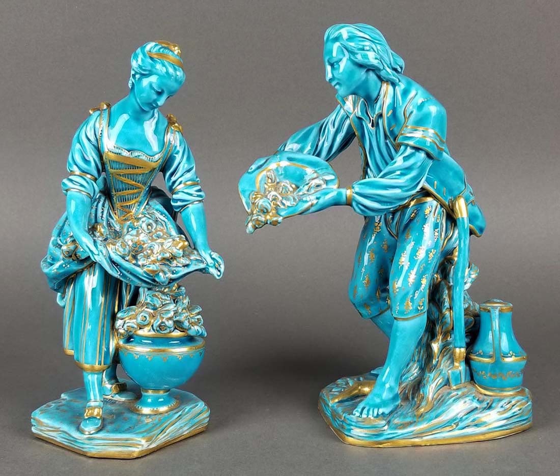 Pair of 19th C. Sevres French Turquoise Blue Porcelain: Pair of 19th C. Sevres French Turquoise Blue Porcelain Figures. Measures H: 8 1/2" W: 5"