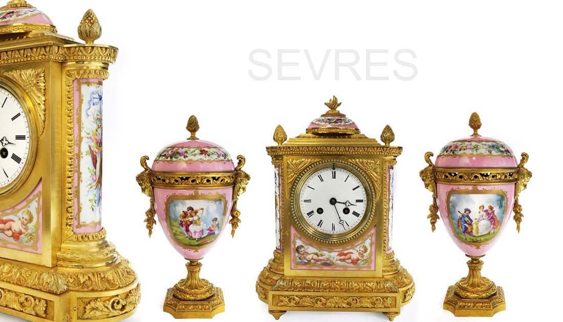 19th C. French Hand Painted Pink Sevres Mounted Bronze Clock Set: 19th C. French Hand Painted Pink Sevres Mounted Bronze Clock Set. Clock: H 12.5 x W 5.5" / Urns: H 11 x W 6 3/8