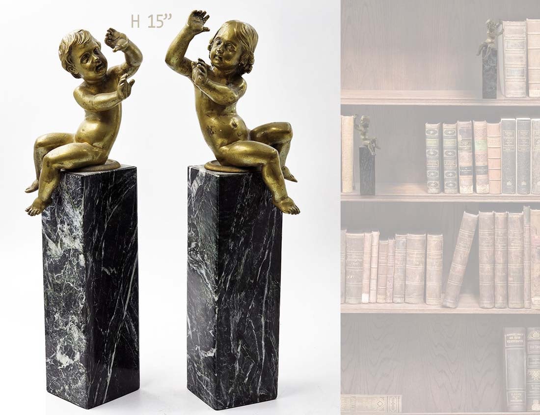 Pair Of French Figural Bronze On Marble Bookends: Pair Of French Figural Bronze On Marble Bookends. H 15" x W 4" x L 5"