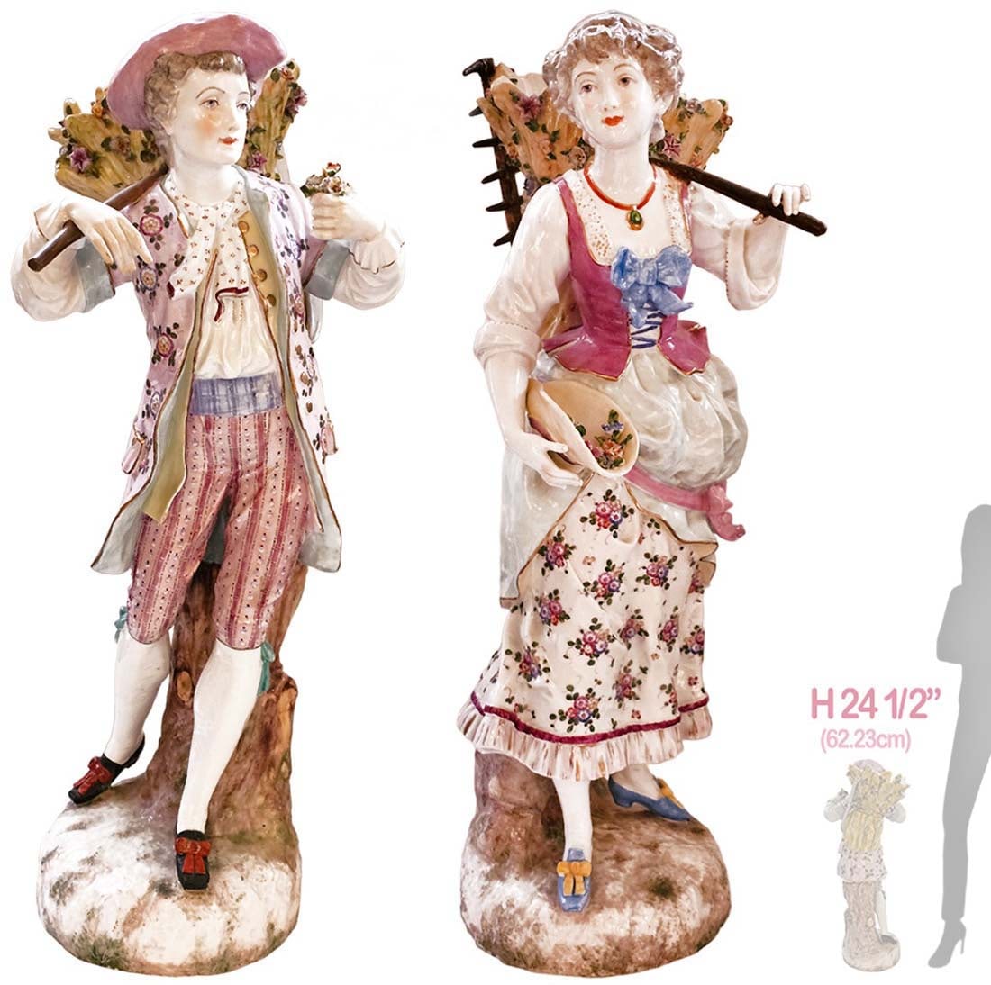 Pair Of 19th C. Very Large German Porcelain Meissen Style Statues: Pair Of 19th C. Very Large German Porcelain Meissen Style Statues. Female: H 24" x W 8" x L 11" \ Male: H 24 2/4" x W 10" x L 10"