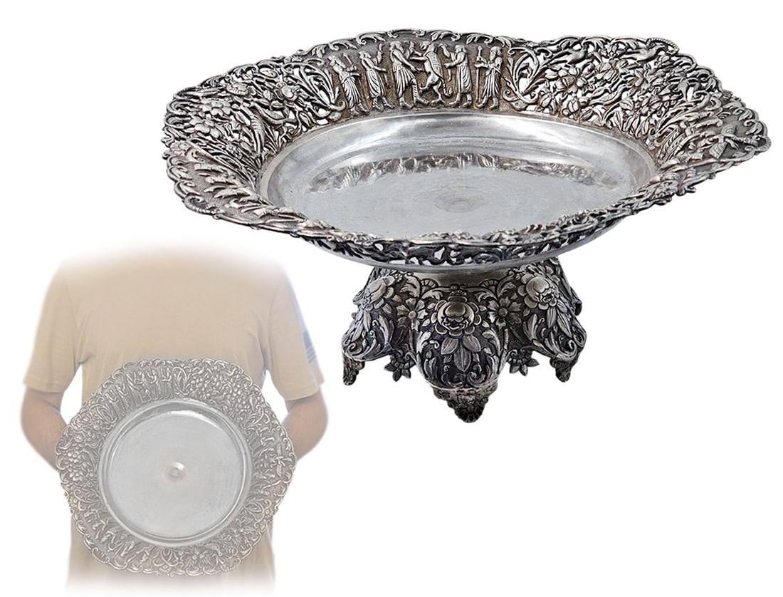 Iran (941g) Silver Tray, Circa 1960's Isfahan Or Shiraz Made: Iran (941g) Silver Tray, Circa 1960's Isfahan Or Shiraz Made. Tested with Metal Testing Device. H 6" x W 12" (84% Silver)