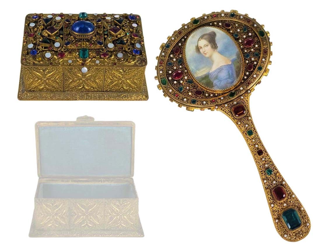 19th C. Austrian Jeweled Vanity Set: 19th C. Austrian Jeweled Vanity Set. Box: H 2 1/2" x W 3 1/4" x L 4 7/8" \ Mirror: W 6" x L 12