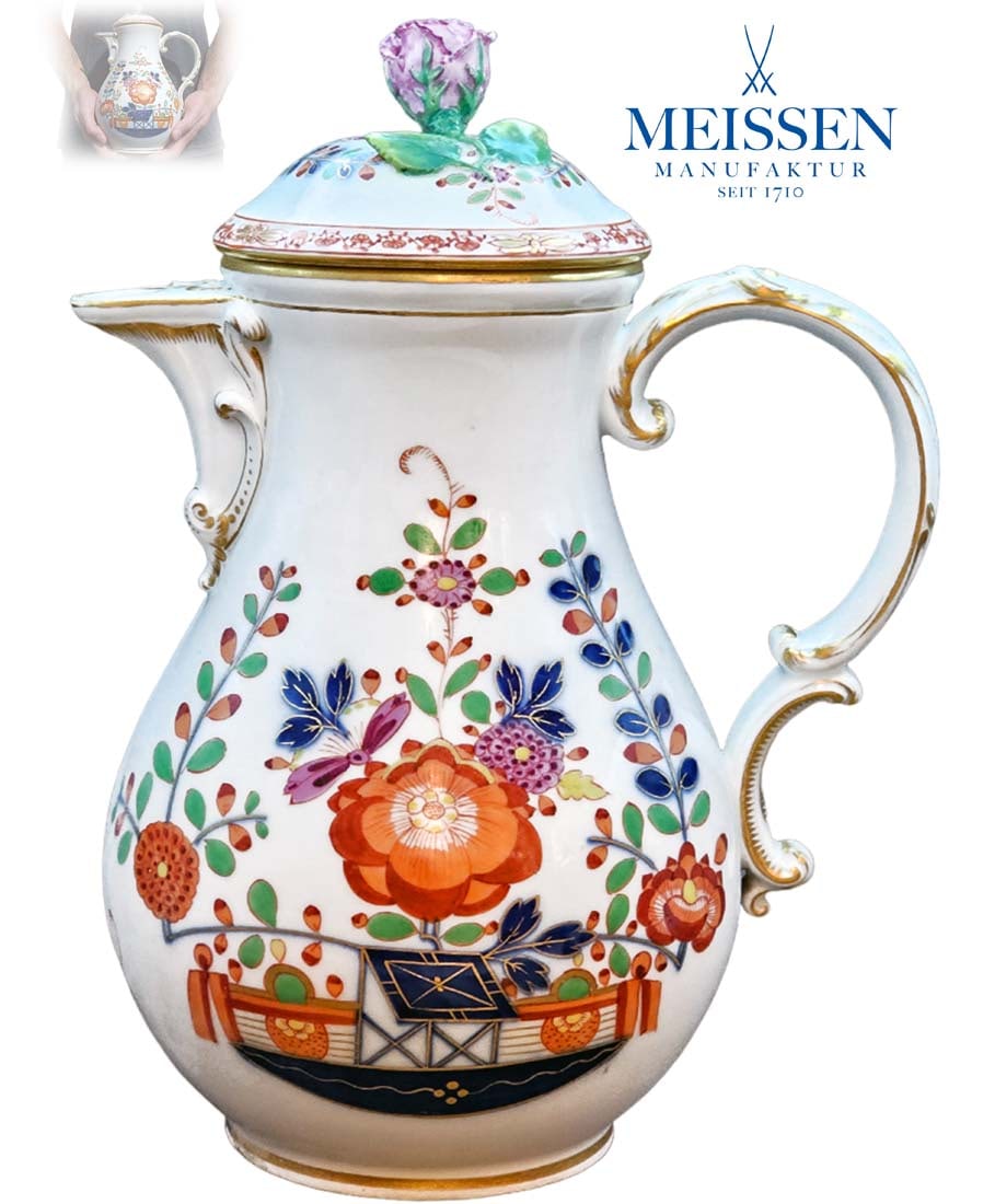 19th C. Meissen Kakiemon Hand Painted Porcelain Pot: 19th C. Meissen Kakiemon Hand Painted Porcelain Pot. H 10 1/4" x W 5 1/2" x L 7 1/2"