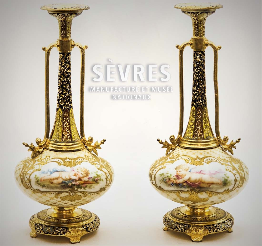 Pair Of 19th C. Champleve French Enamel Sevres Vases: Pair Of 19th C. Champleve French Enamel Sevres Vases. H 8" x W 3 1/2"