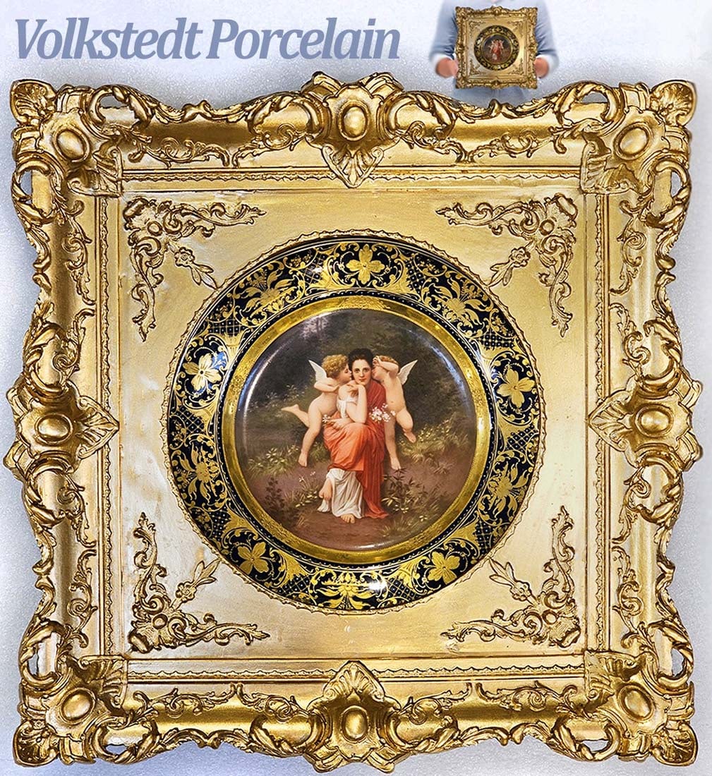 19th C. Volkstedt German Hand Painted Porcelain Framed Plate: 19th C. Volkstedt German Hand Painted Porcelain Framed Plate. Frame: 12" x 12" \ Plate: 9"