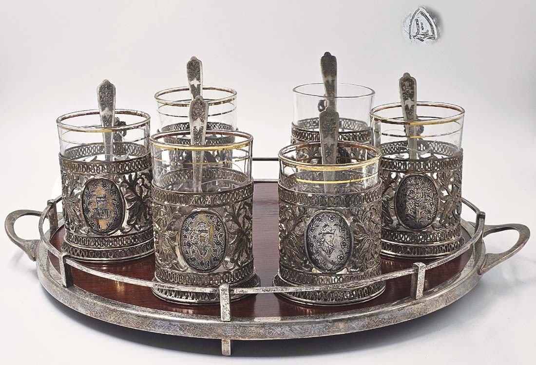 Late 19th C. Set Of 6 Continental Silver Plated Crest Tea Glass Holders Paired With Formica Tray: Late 19th C. Set Of 6 Continental Silver Plated Crest Tea Glass Holders Paired With Formica Tray. H 4" x W 3" x L 4 1/8" \ Tray: H 2 1/8" x W 14" x L 16 1/2"