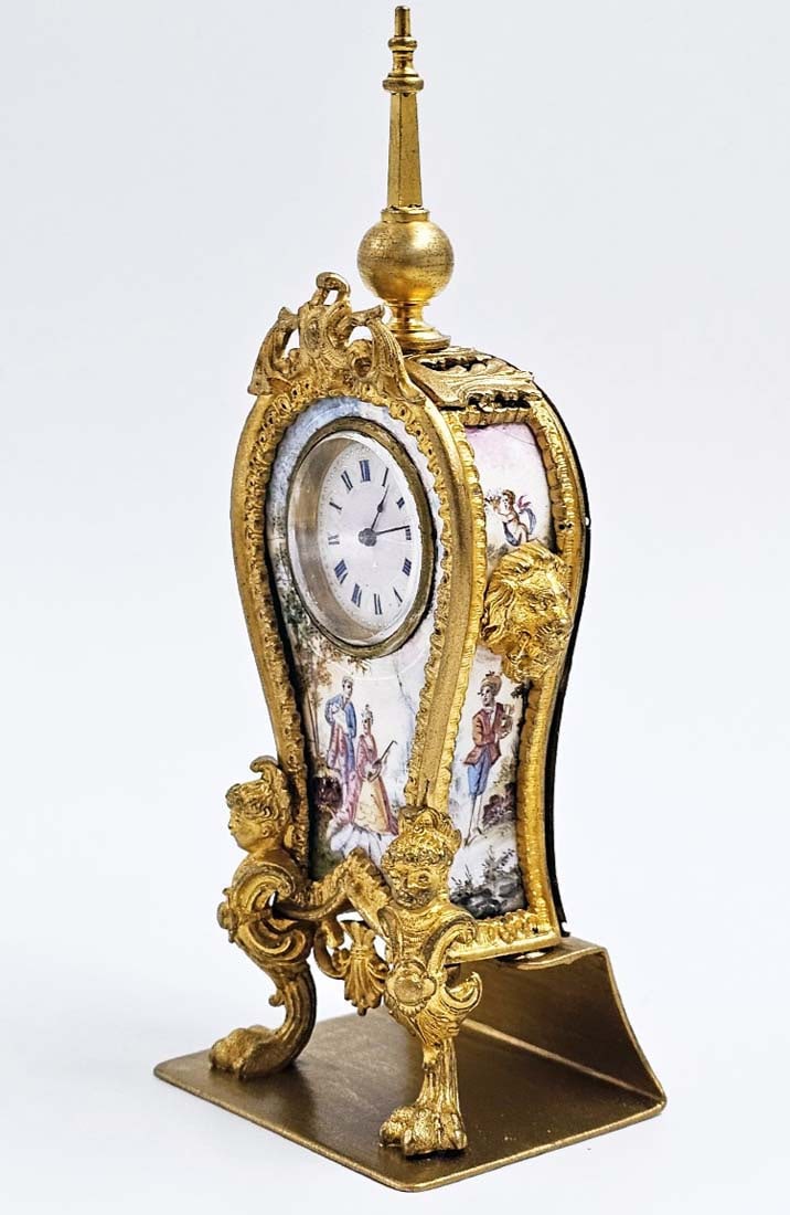 19th C. Viennese Enamel Hand Painted On Copper Desk Clock: 19th C. Viennese Enamel Hand Painted On Copper Desk Clock. H 6" x W 2 1/2" x L 2"