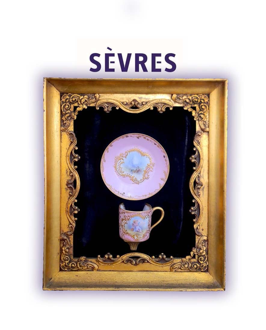 19th C. Hand Painted Sevres Pink Cup & Saucer Set: 19th C. Hand Painted Sevres Pink Cup & Saucer Set. (Frame 12" x 10" ) ( Saucer 4" \ Cup H 2" )