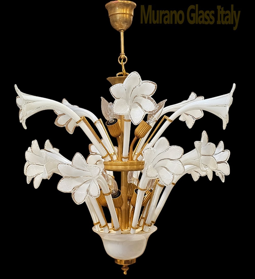 White Italian Murano Glass Chandelier With Nine Lights: White Italian Murano Glass Chandelier With Nine Lights. H 30" x W 24"