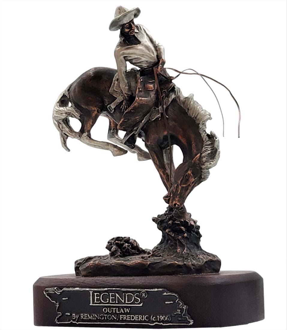 F. Remington Legends 1906, Outlaw Bronze Mini Figurine: Antique Frederic Remington's LEGENDS 1906, Outlaw Colored Cold Patina Bronze mini figurine on wooden base. H 5 1/8" x 3 1/2" x 2 3/4"