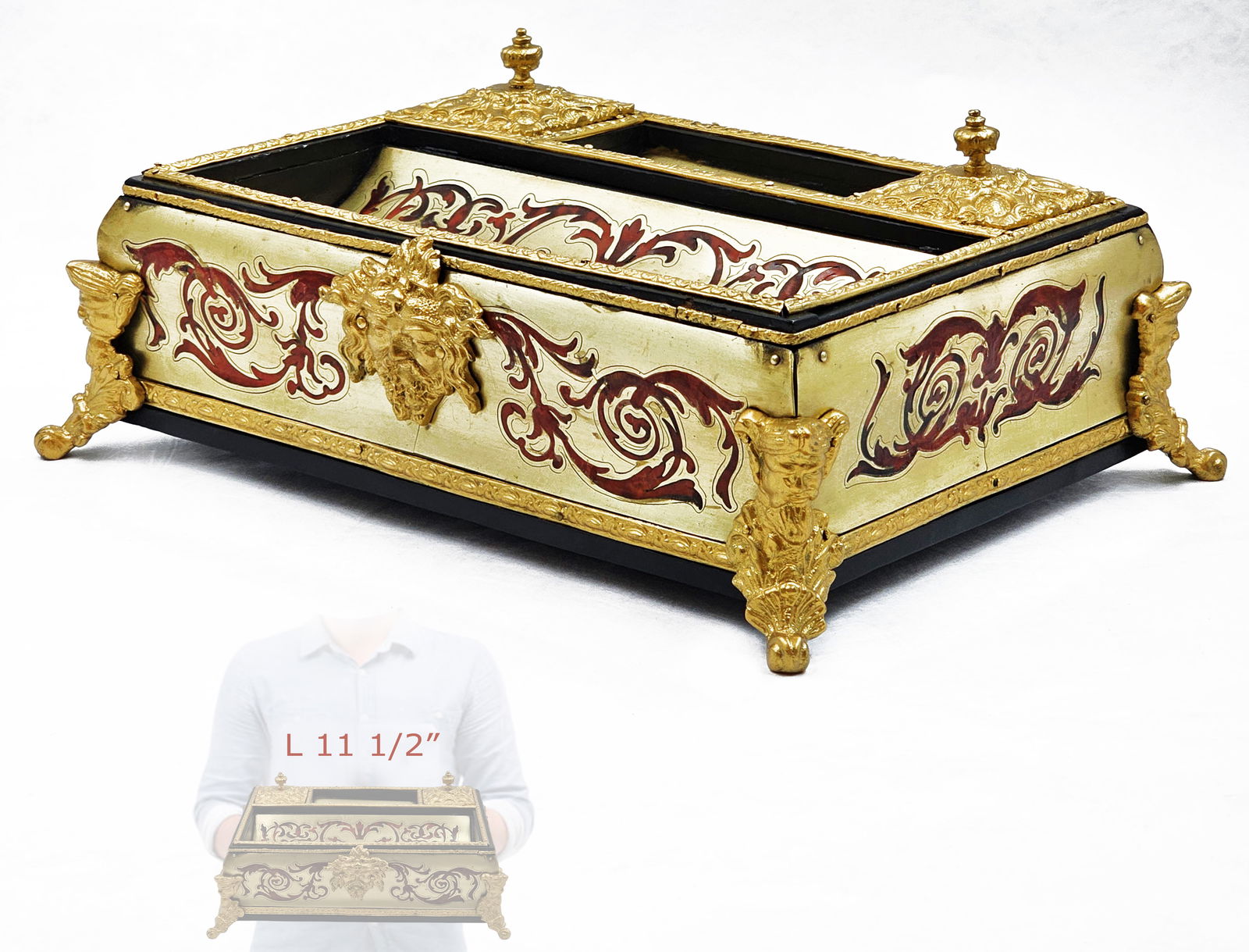 19th Century French Boulle Marquetry Bronze Mounted Writer Inkwell: 19th Century French Boulle Marquetry Bronze Mounted Writer Inkwell. H 5" x W 8 1/2" x L 11 1/2"