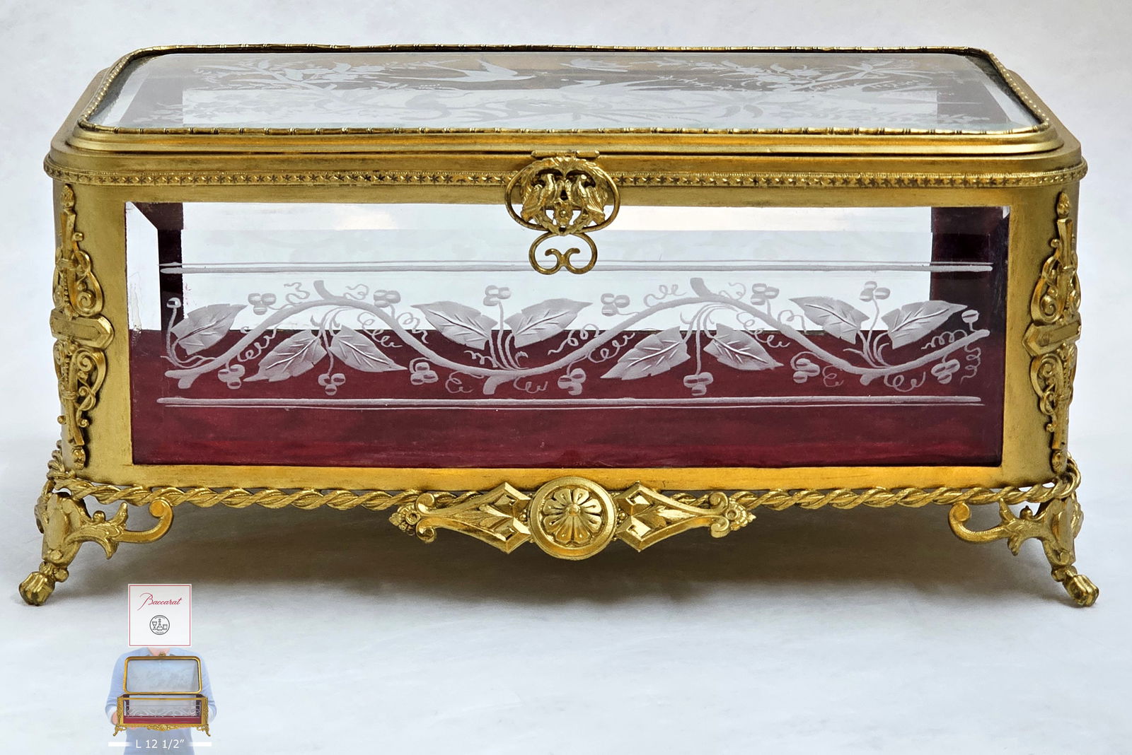 Large 19th C. Beautiful French Engraving Baccarat Glass Bronze Mounted Box: Large 19th C. Beautiful French Engraving Baccarat Glass Bronze Mounted Box. H 5 1/2" x W 7 1/2" x L 12 1/2"