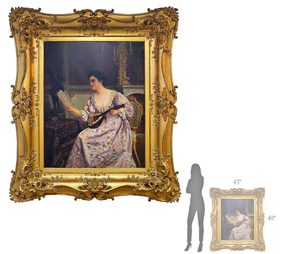 19th C. Belgian 'Lady Practicing Mozart With Mandolin' Painting: 19th C. Belgian 'Lady Practicing Mozart With Mandolin' Painting. Frame: 49" x 43" \ Canvas 25" x 31 1/2"