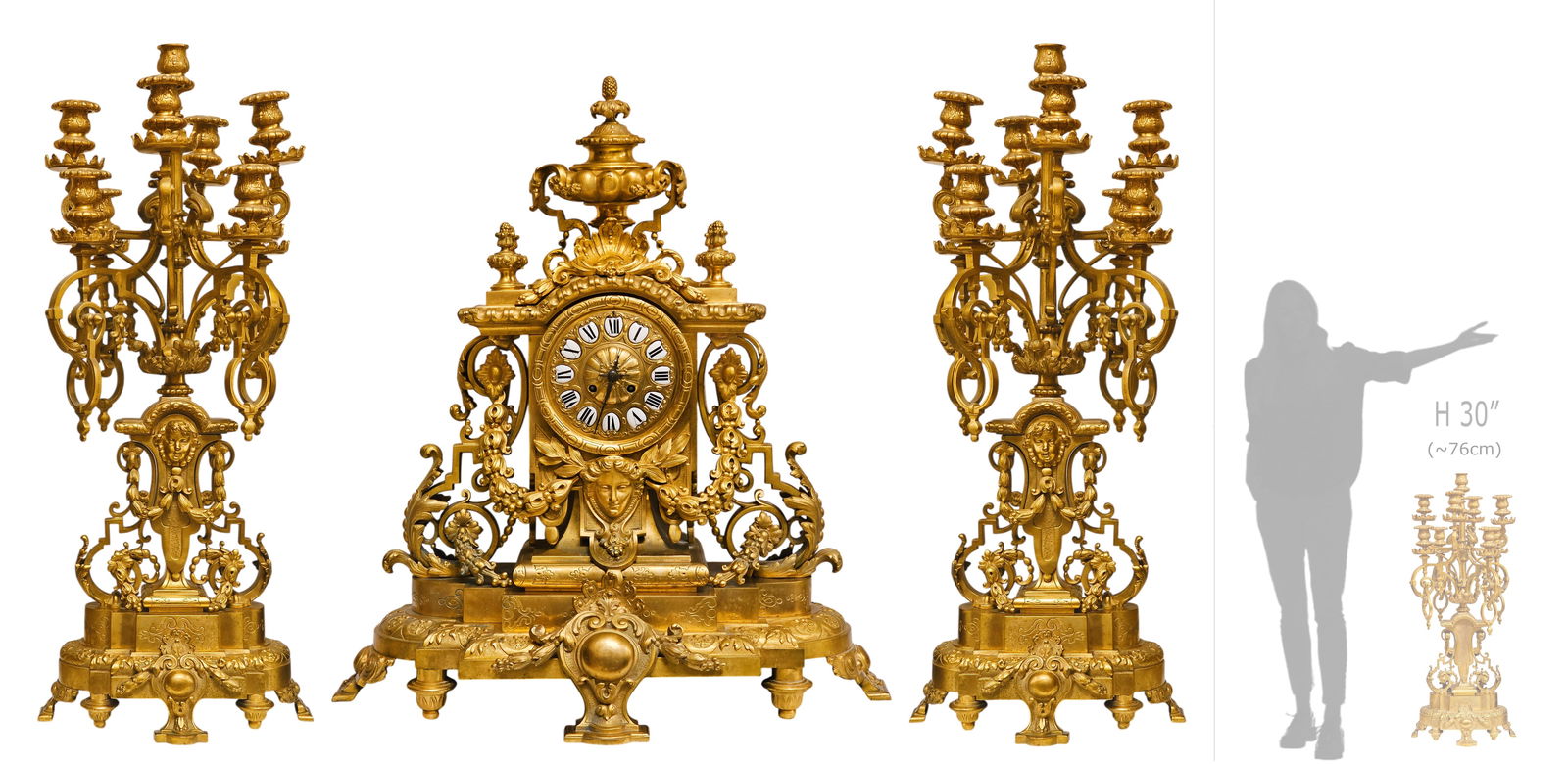 19th C. French Napoleon III Gilt Bronze Figurine With Multi-Branch Mentel Clock: 19th C. French Napoleon III Gilt Bronze Figurine With Multi-Branch Mentel Clock. Clock: H 28" x W 11" x L 24" \ Candelabras: H 30" x W 10" x L 12"