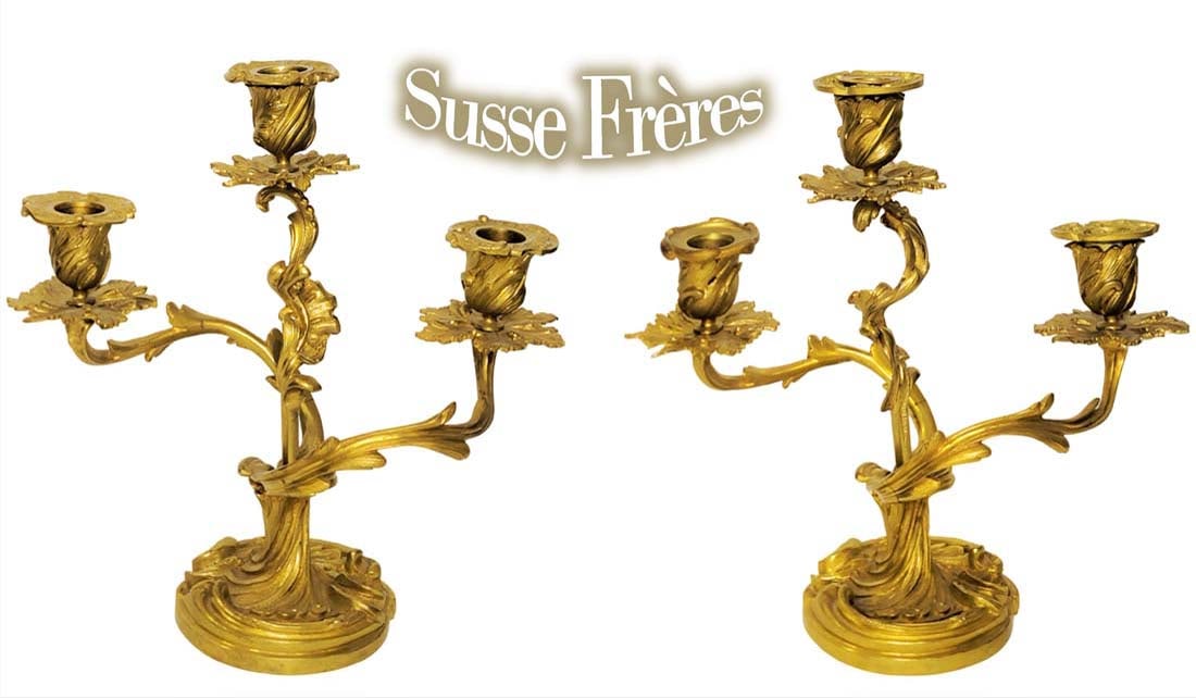 Pair Of 19th Century French Gilt Bronze Signed By Susse Freres Candelabras: Pair Of 19th Century French Gilt Bronze Signed By Susse Freres Candelabras. H 10 1/2" x W 6" x L 10 1/2"