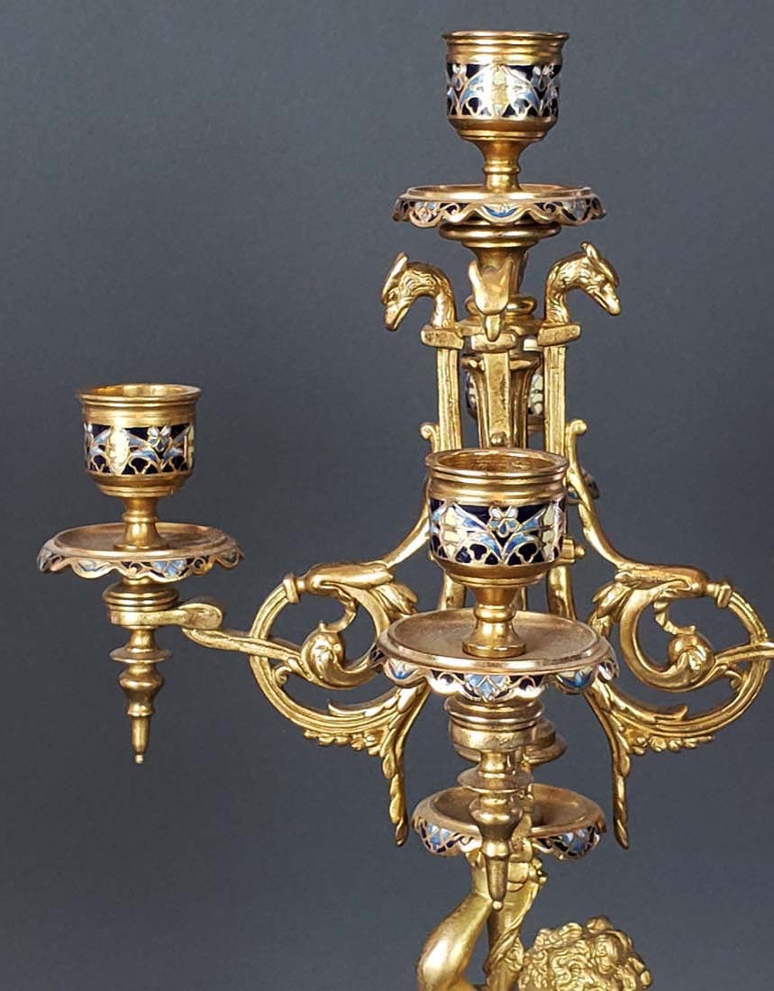 Exquisite French Champleve Enamel & Bronze Clock set - 10