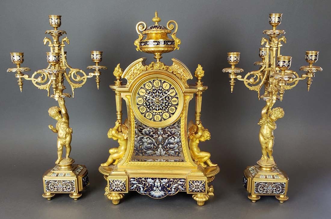Exquisite French Champleve Enamel & Bronze Clock set (1 of 10)