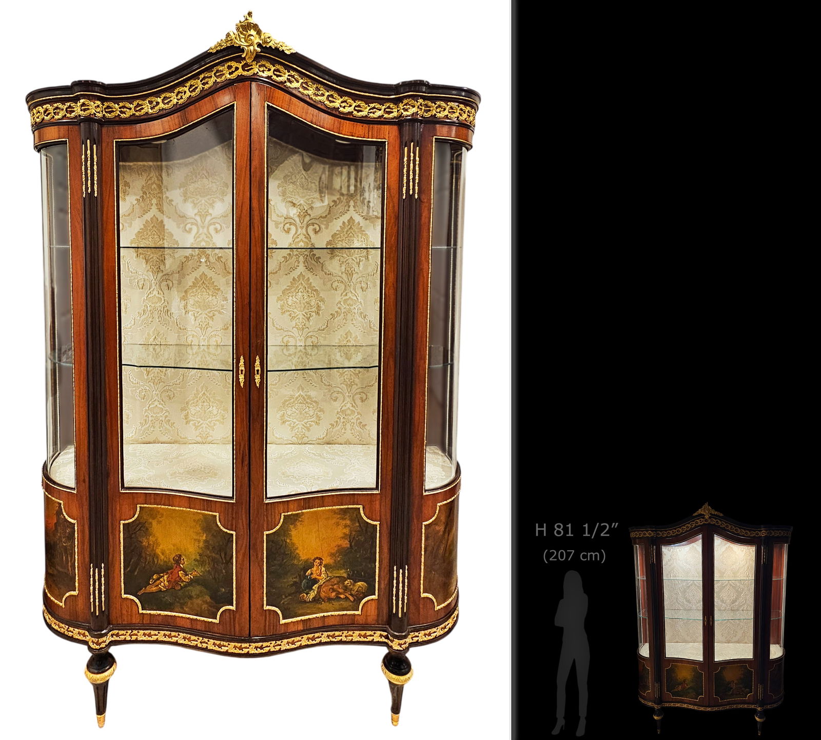 Large Late 19th C French Vernis Martin Hand Painted Vitrine \ Cabinet: Large Late 19th C French Vernis Martin Hand Painted Vitrine \ Cabinet. H 81 1/2" x W 17" x L 57"
