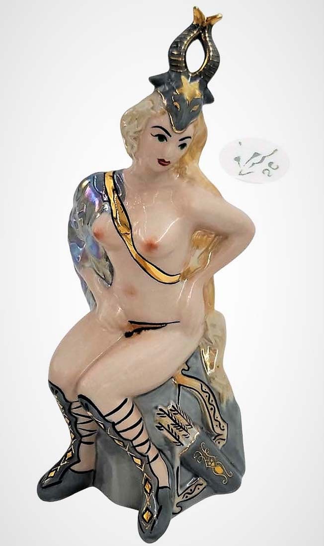 Polyanitsa, Old Russian Female Warrior, A Rare Mid 20th C. USSR Hand Painted Figurine: Polyanitsa, Old Russian/Ukraine Female Warrior, A Rare Mid 20th C. USSR Hand Painted Porcelain Statue, Shiny iridescent shell color finished, Hallmarked. H 12" x 5.5" x 5"