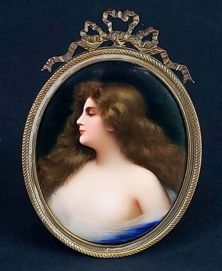 19th C. Wagner Signed Berlin Porcelain Plaque of a: 19th C. Wagner Signed Berlin Porcelain Plaque of a Lady with Gilt Frame, Circa 1890. Measures 6 1/2" x 4 1/4"
