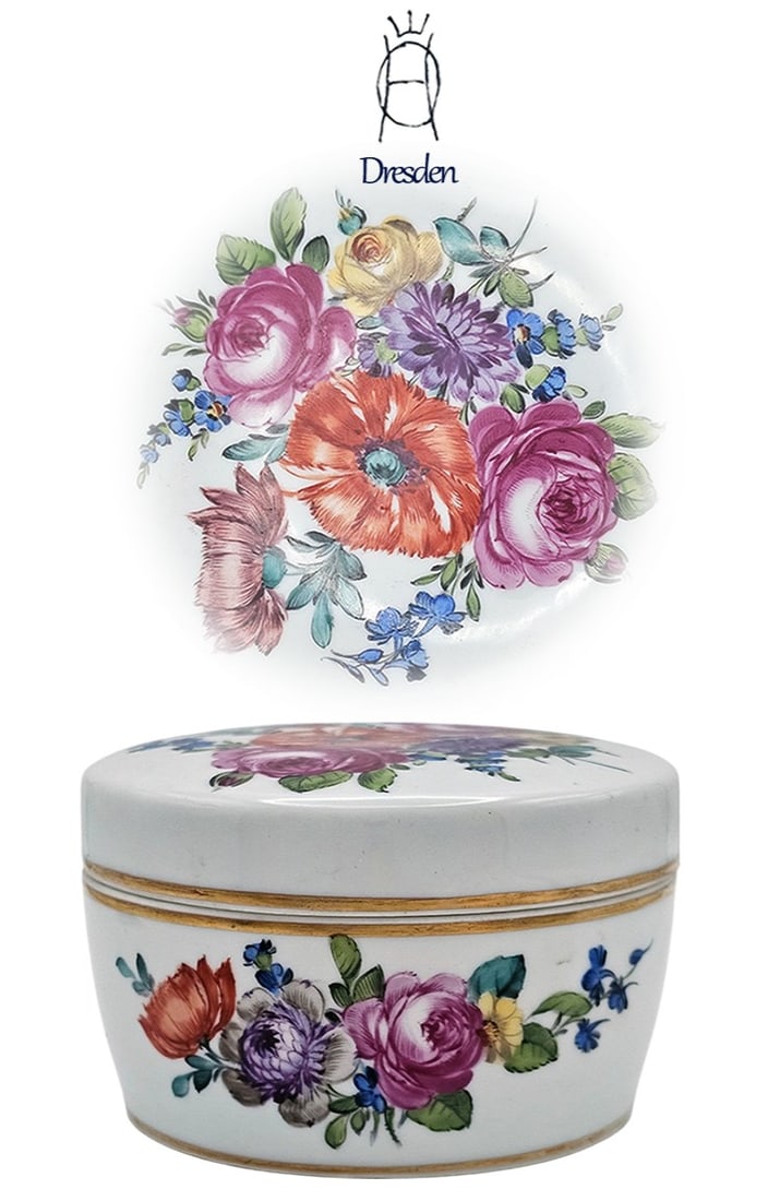 19th C. Dresden Porcelain Floral Vanity Box: 19th C. Dresden Porcelain Floral Vanity Box. H 2 1/2" x W 4"