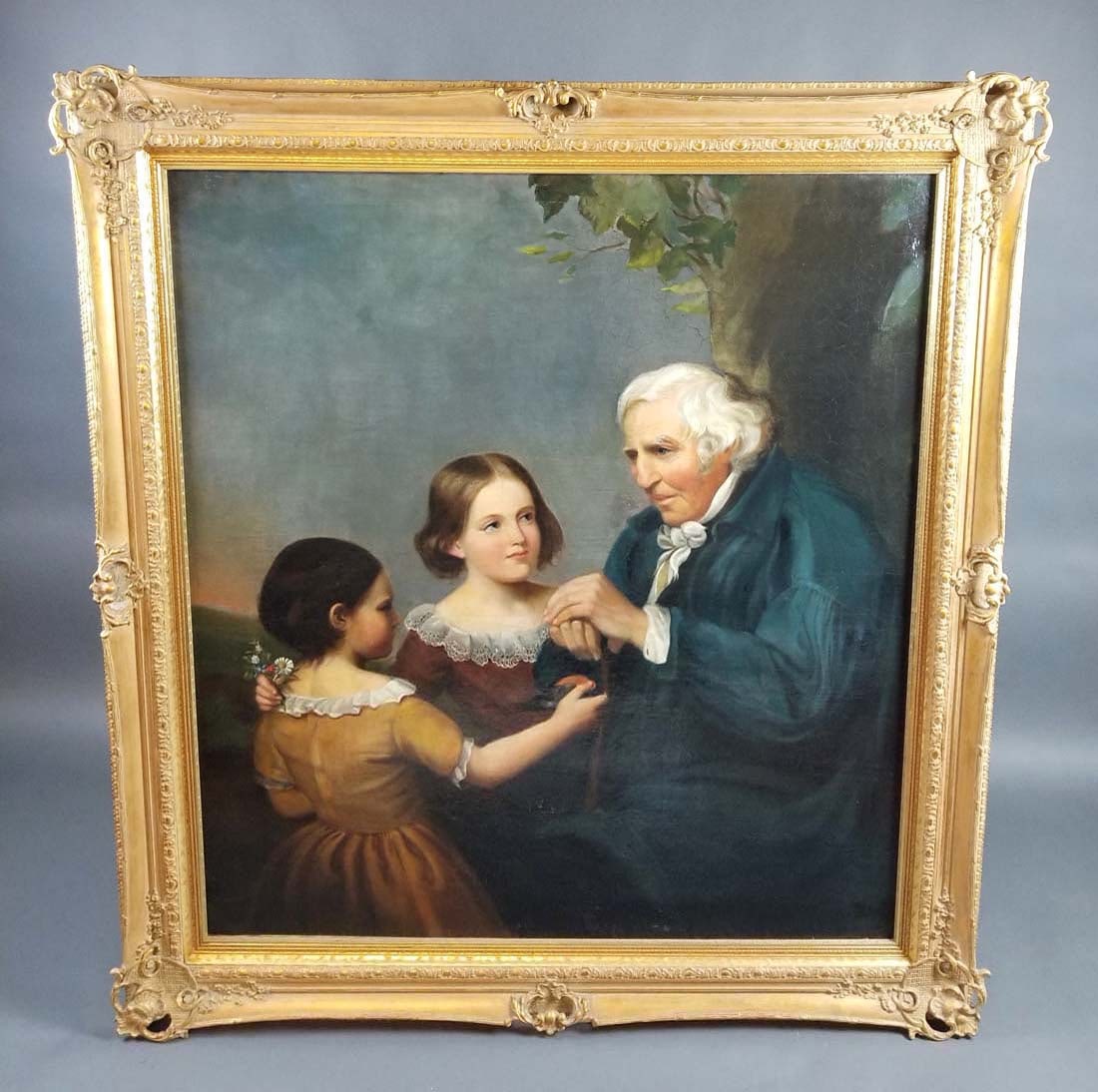 19th C. Large Painting of Grandfather and Children,: 19th C. Large Painting of Grandfather and Children, Possibly American. The frame measures 56 3/4" x 52 1/2" and the painting measures 45 3/4" x 41 1/2"