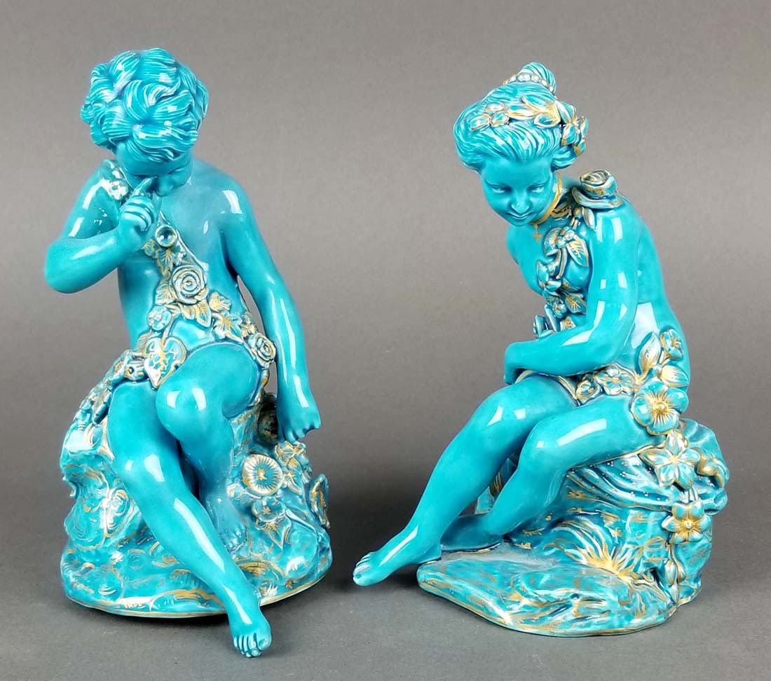 Pair of 19th C. Sevres French Turquoise Blue Porcelain: Pair of 19th C. Sevres French Turquoise Blue Porcelain Figures. Measures H: 7" W: 4"