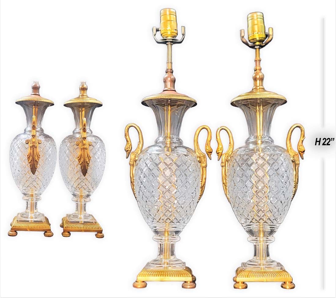 Pair Of 19th C. Abat-jour Baccarat Crystal Cut Mounted Figural Bronze Swan: Pair Of 19th C. Abat-jour Crystal Cut Mounted Figural Bronze Swan. H 22" x W 7"