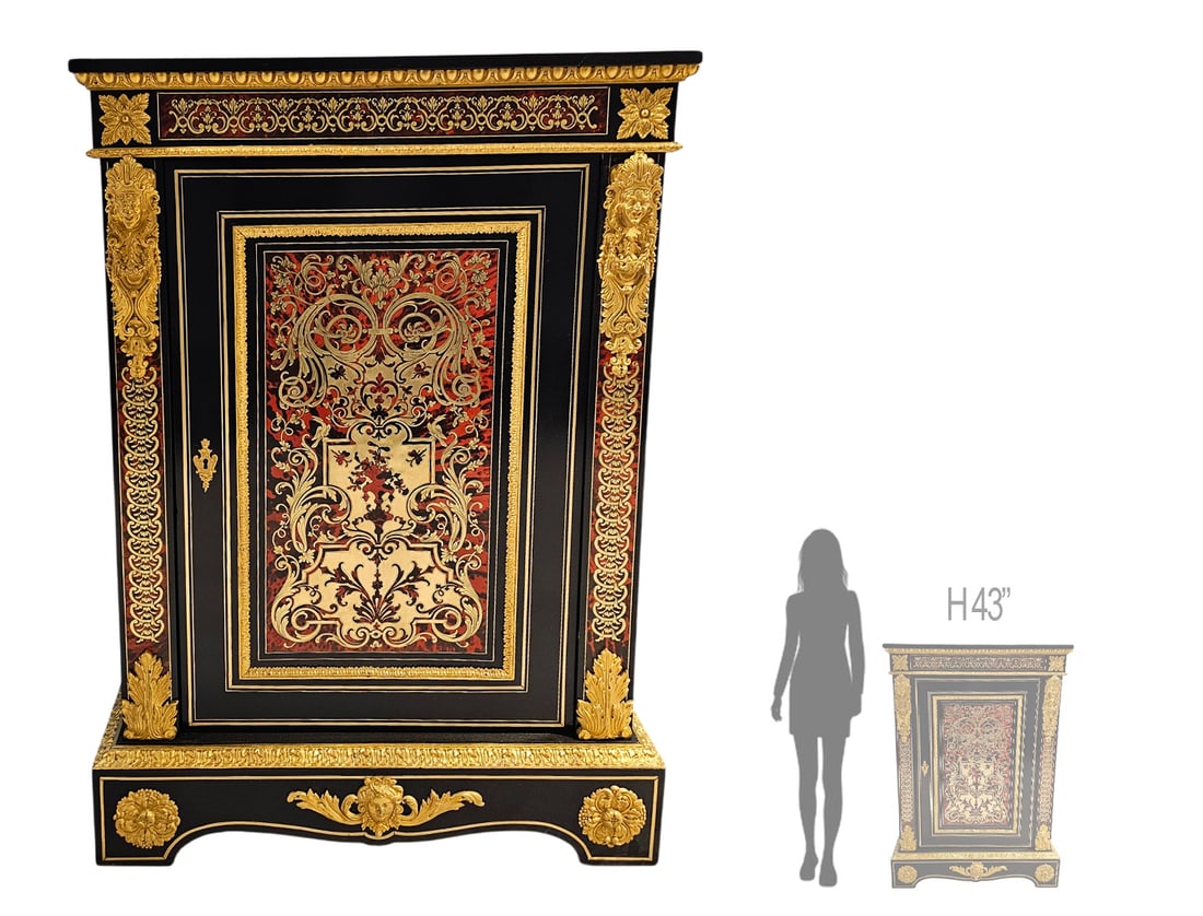 19th C. French Figural Bronze Boulle Cabinet: 19th C. French Figural Bronze Boulle Cabinet. H 43" x W 13 1/2" x L 30 1/2"