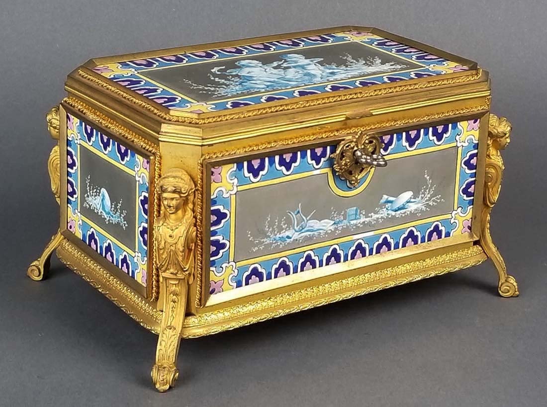 19th C. Fine French Figural Bronze Mounted Jewelry: 19th C. Fine French Figural Bronze Mounted Jewelry Casket. Measures 4 3/4" x 7 1/2" x 4 1/2"