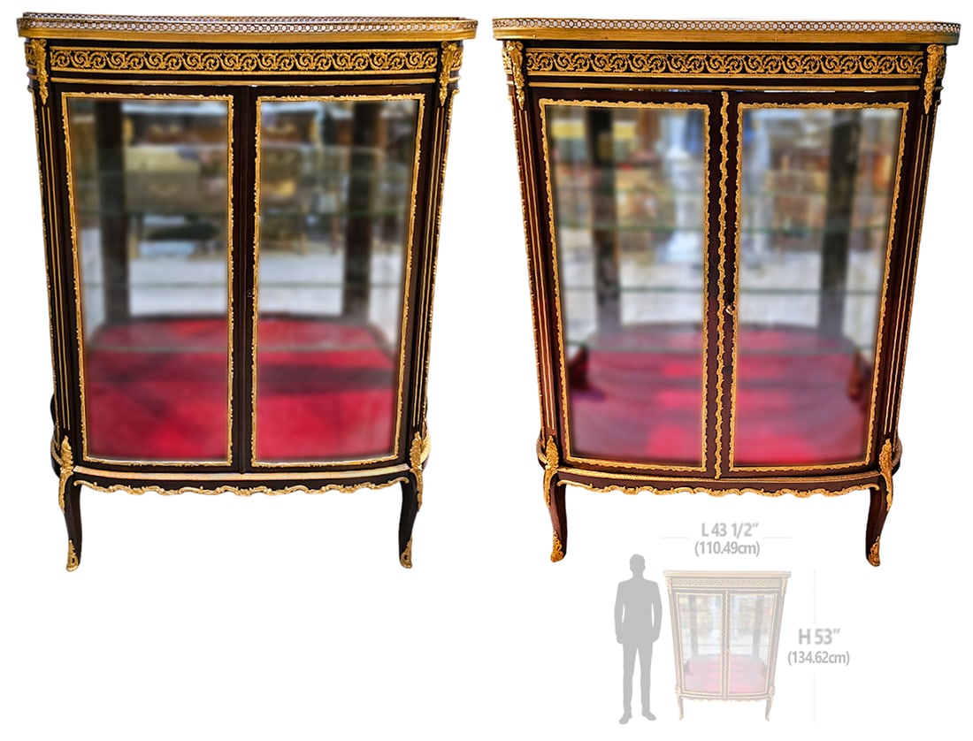 Pair of 19th C. French Bronze Mounted Vitrines: Pair of 19th C. French Bronze Mounted Vitrines. H 52 1/2" & 53" x W 17" x L 43 1/2"