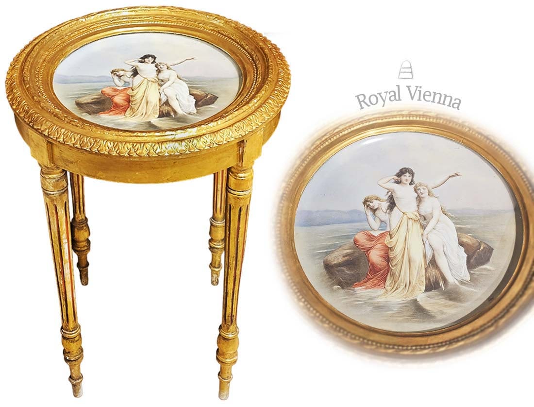 19th C. Austria Royal Vienna Hand Painted Porcelain Center Table, Signed: 19th C. Austria Royal Vienna Hand Painted Porcelain Center Table, Signed. H 28" x W 20"